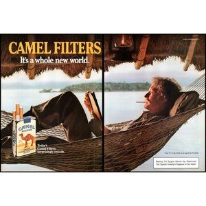 1985 Camel Filters Cigarettes 2 Page Vintage Print Ad Hammock Lake Man Wall Art